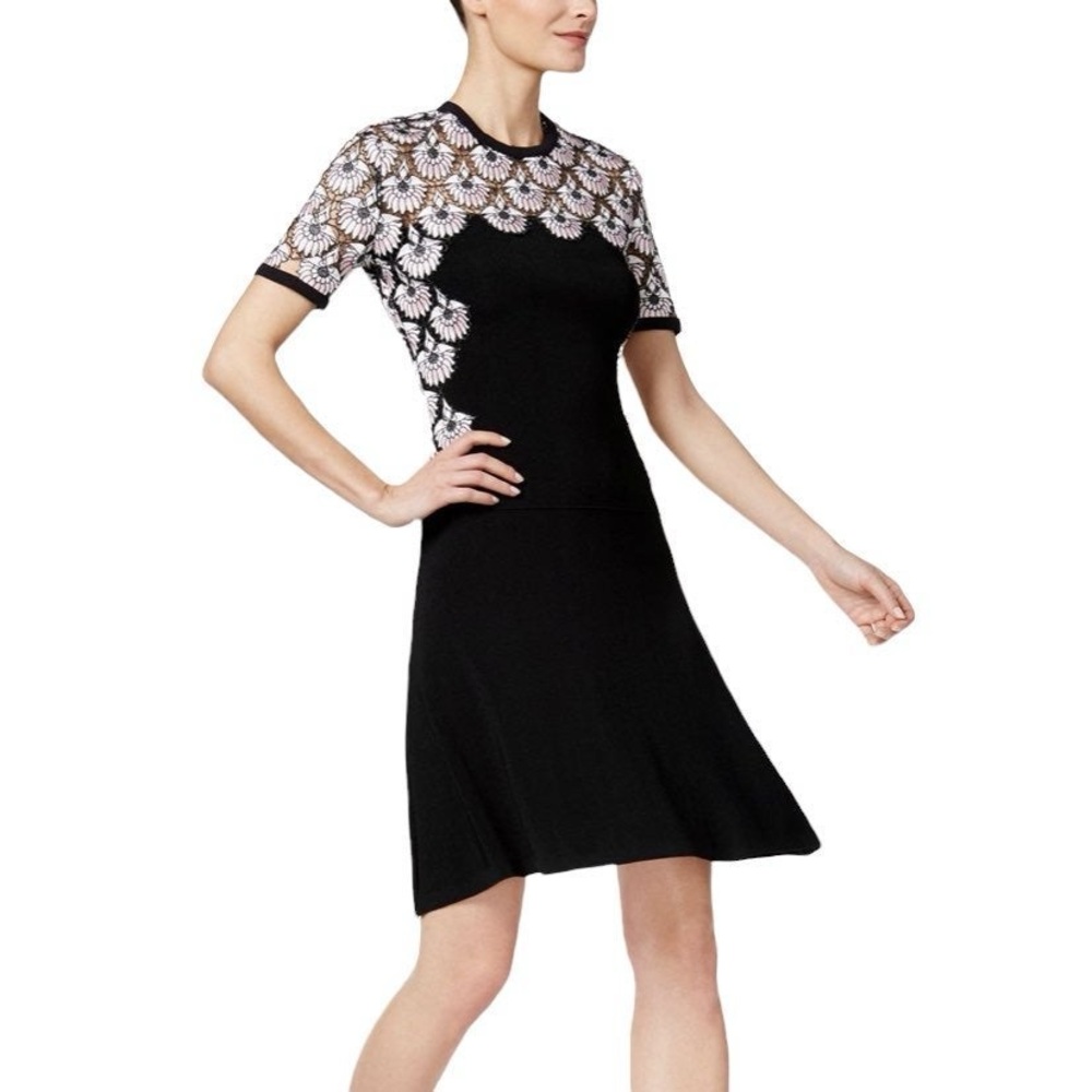 Yigal Azrouel Black Midi Dress with White Floral Lace Yoke